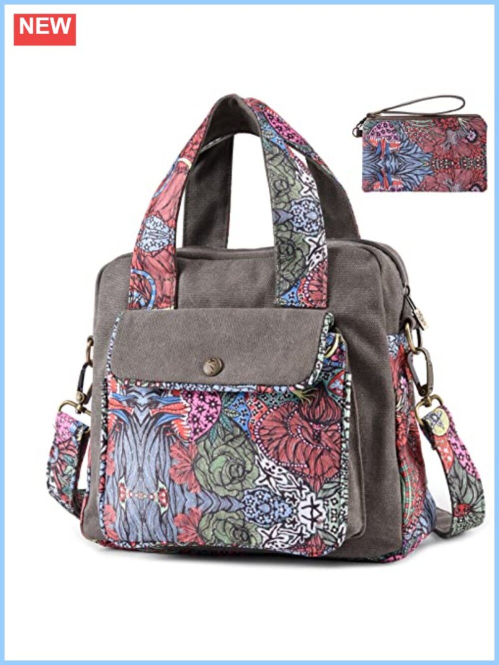 Canvas Crossbody Bag Boho Floral Shoulder Purse Compact Lightweight Women